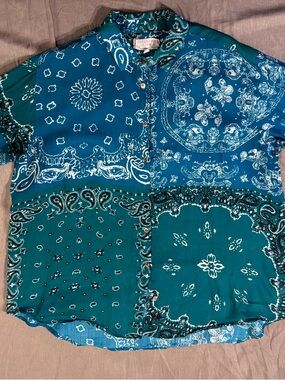 Johnny Was Workshop Teal Bandana Print Button-Up Shirt